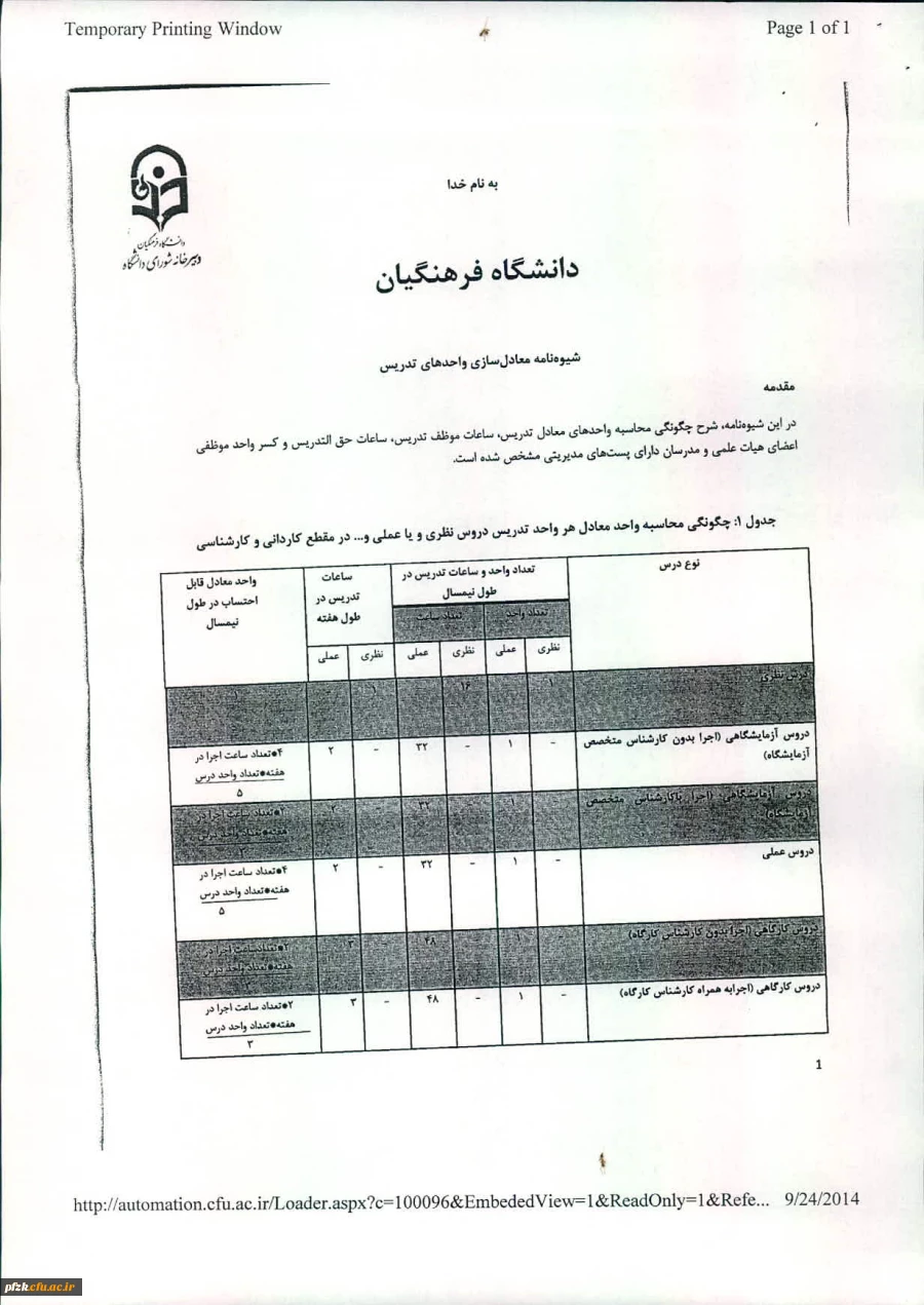 شیوه نامه معادل سازی واحد های تدریس