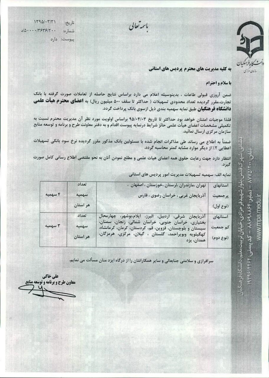 اعطای تسهیلات به اعضای محترم هیات علمی دانشگاه فرهنگیان