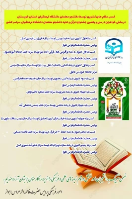 کسب مقام های کشوری توسط دانشجو معلمان دانشگاه فرهنگیان استان خوزستان در بخش خواهران در سی و یکمین جشنواره قرآن و عترت دانشجو معلمان دانشگاه فرهنگیان سراسر کشور