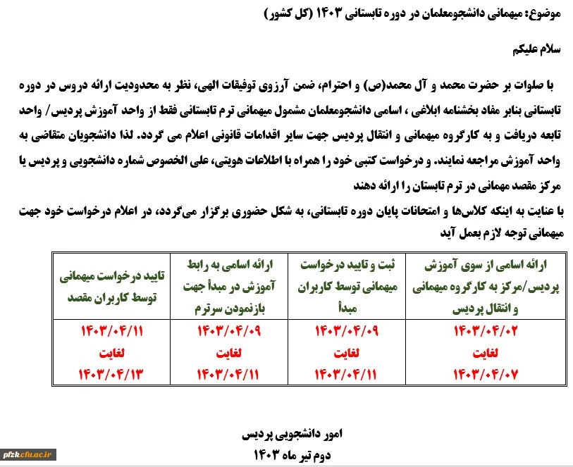 میهمانی دانشجومعلمان در دوره تابستانی 1403 (کل کشور)