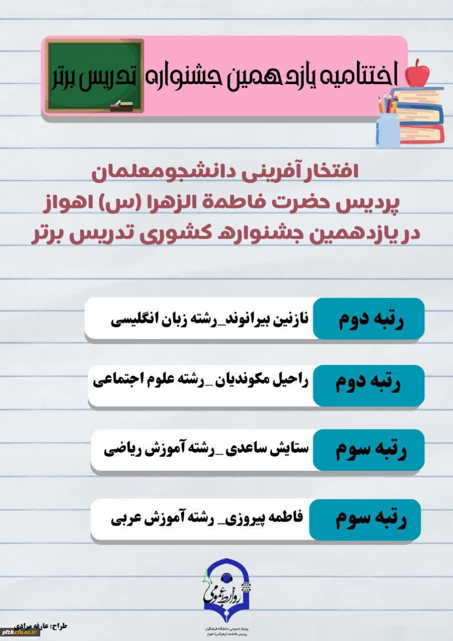 درخشش دانشجومعلمان پردیس حضرت فاطمه الزهرا(س) در یازدهمین جشنواره ی تدریس برتر کشوری 